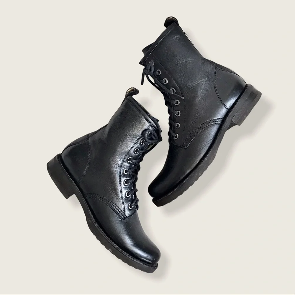 Frye Veronica Combat Black Leather Lace Up Boots - Picture 15 of 16